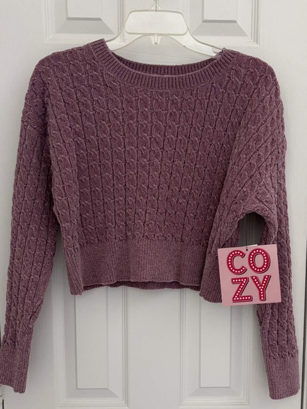Cable-Knit Cropped Crewneck Sweater - Dusty Mauve